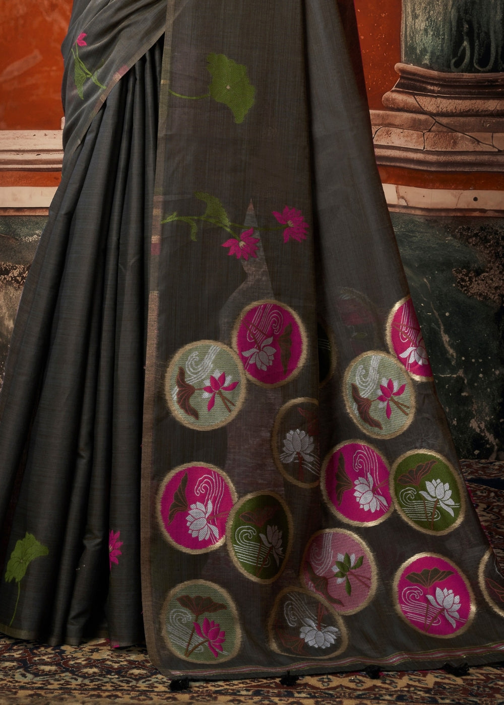 Charcoal Blossom Khadi Cotton Saree
