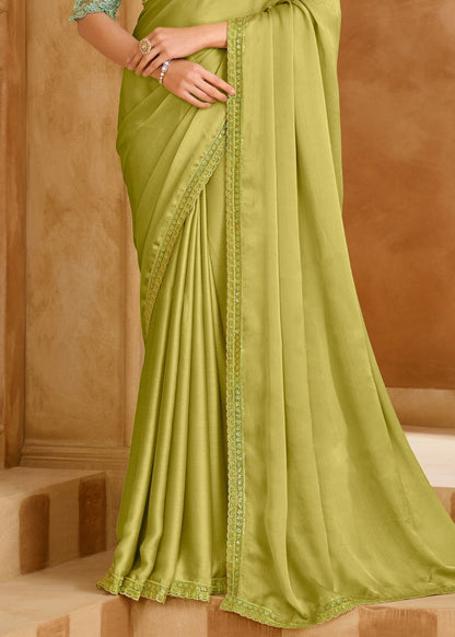 Pistachio Green Satin Chiffon Saree with Banglori Work Blouse