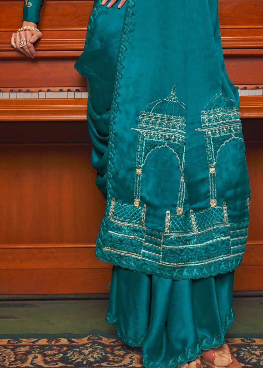 Turquoise Green Festive Embroidered Saree