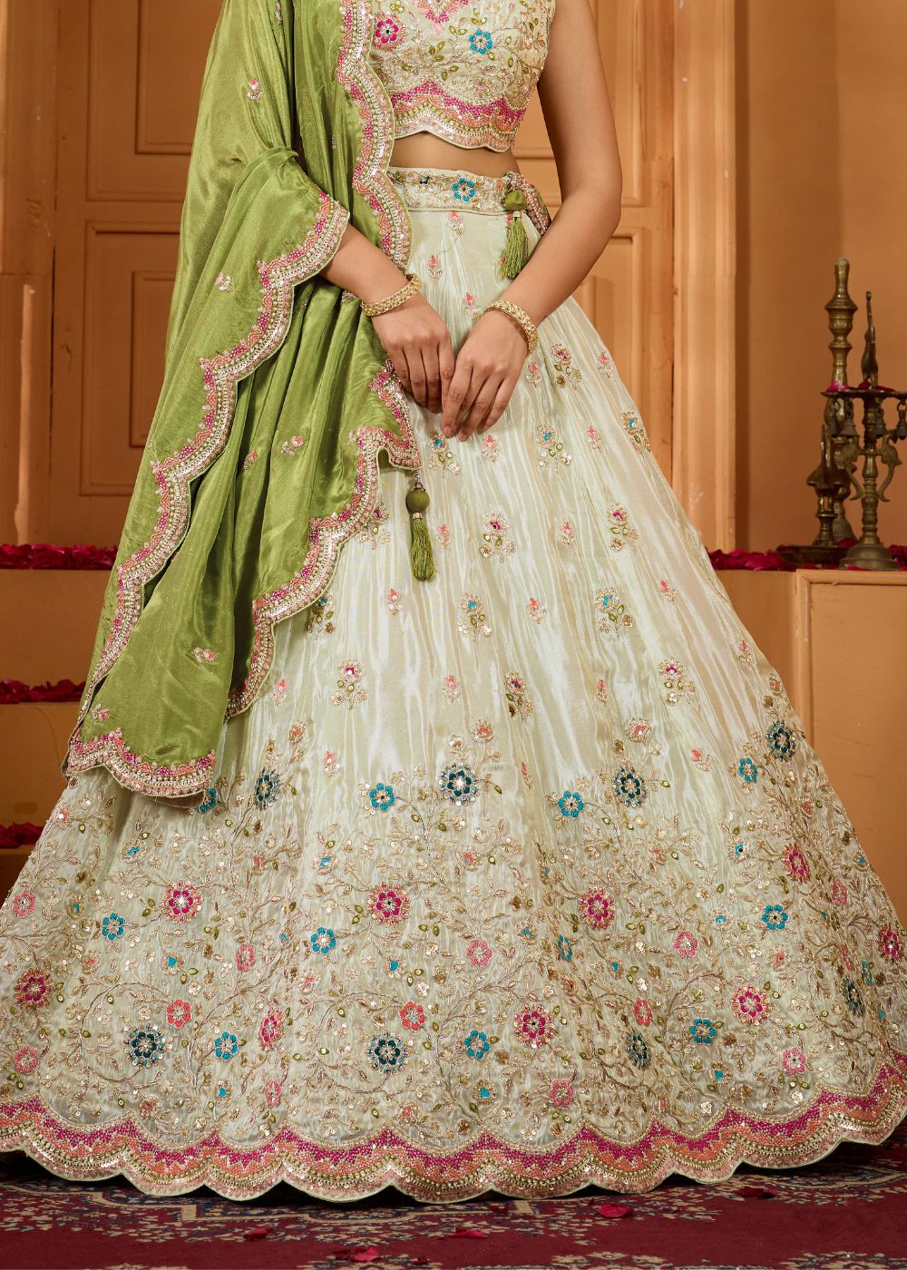 Ivory Lime Green Tissue Silk Lehenga Set