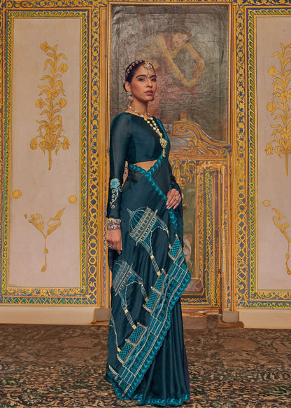 Deep Teal Embroidered Satin Saree