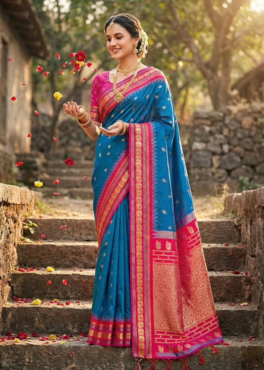 Royal Blue & Pink Kanchivaram Soft Silk Saree