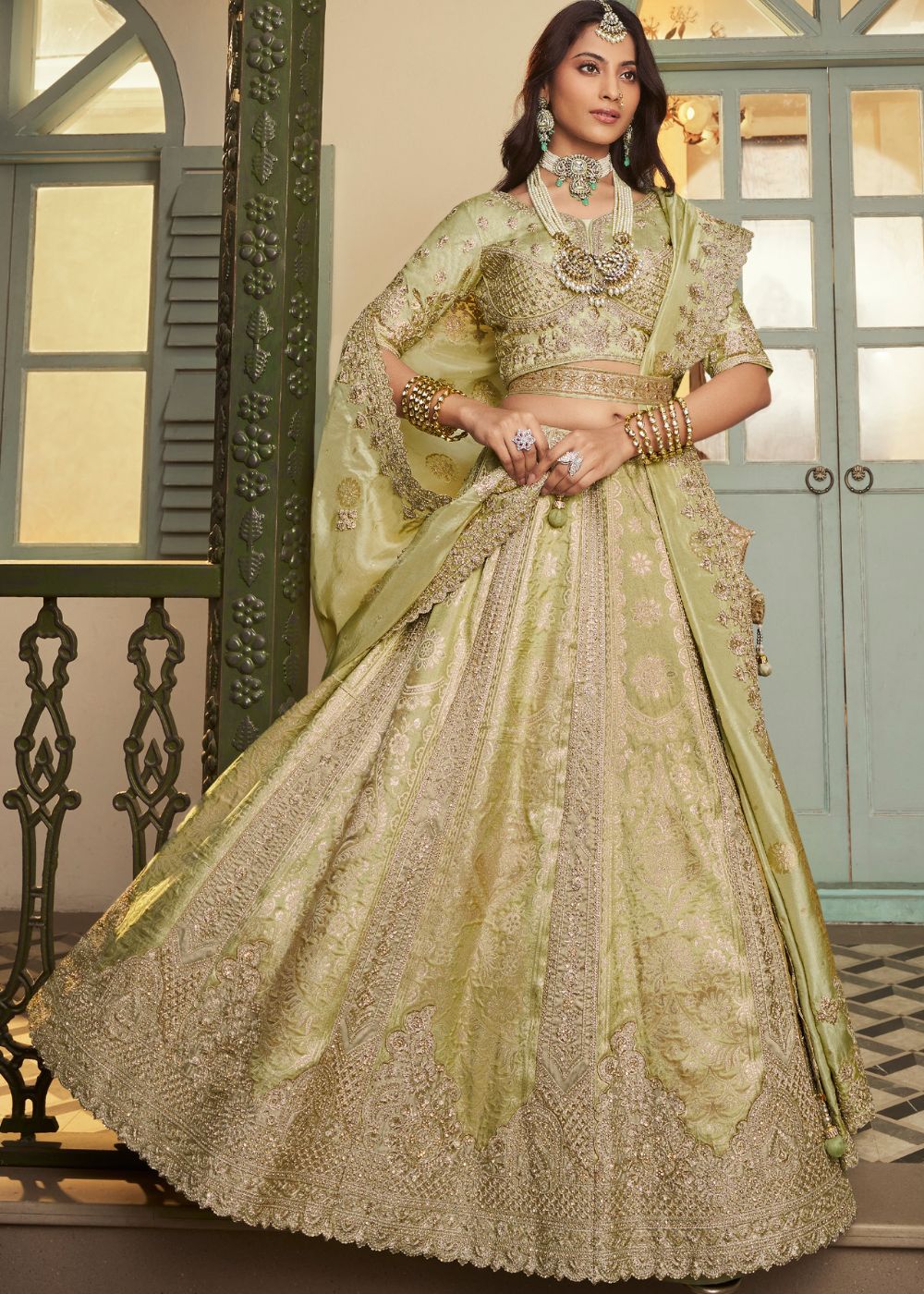 Sage Green Banarasi Silk Lehenga