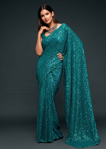 Teal Blue Sequin Designer Saree
