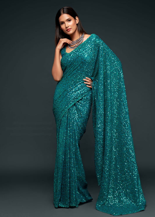 Teal Blue Sequin Designer Saree