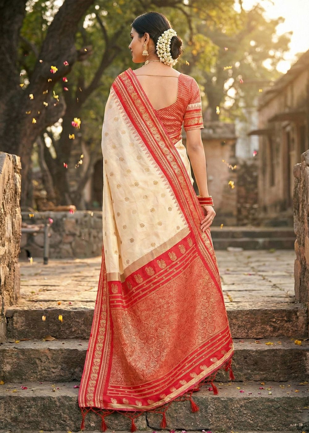 Cream & Red Kanchivaram Soft Silk Saree