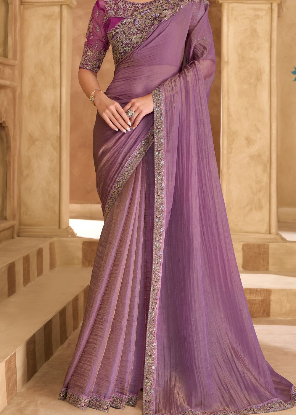 Onion Pink Tissue Crashed Georgette Saree with Banglori Work Blouse
