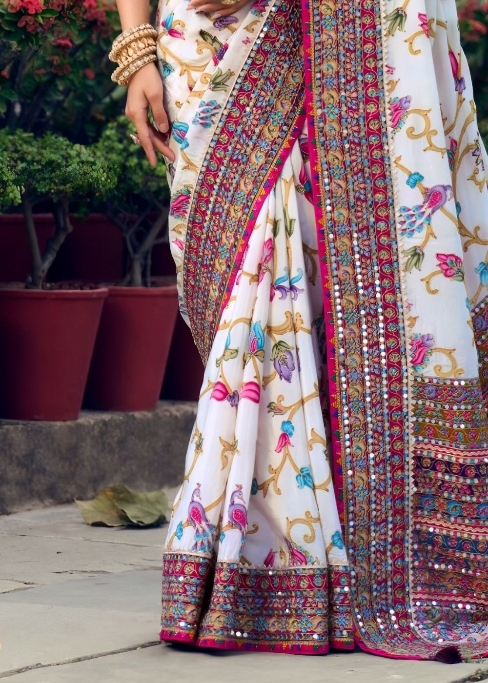 Ivory Floral Mirror Work Designer Saree