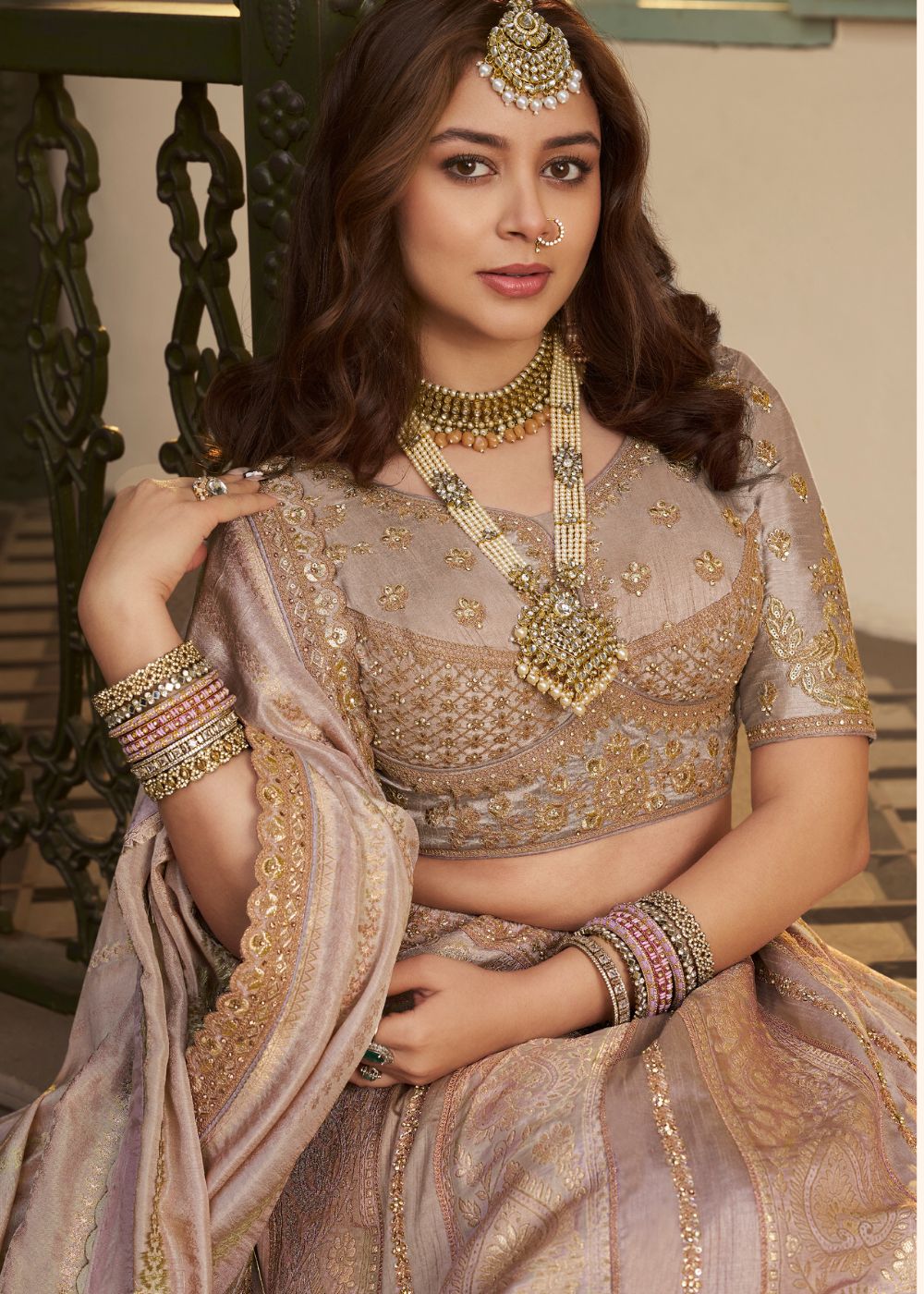 Rose Gold Banarasi Silk Lehenga