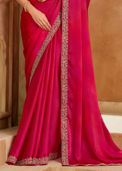 Rich Pink Satin Chiffon Saree with Satin Work Blouse