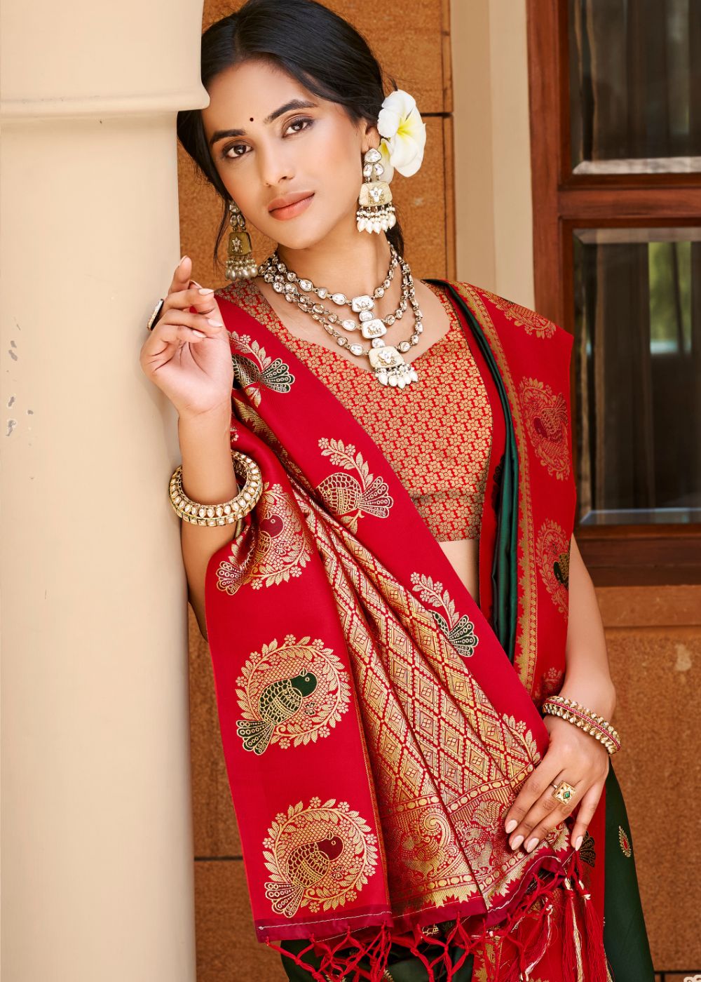 Green & Red Silk Zari Saree