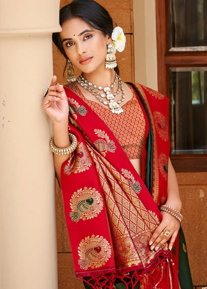 Green & Red Silk Zari Saree