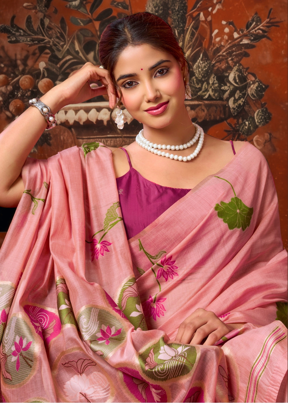 Blush Pink Floral Khadi Cotton Saree