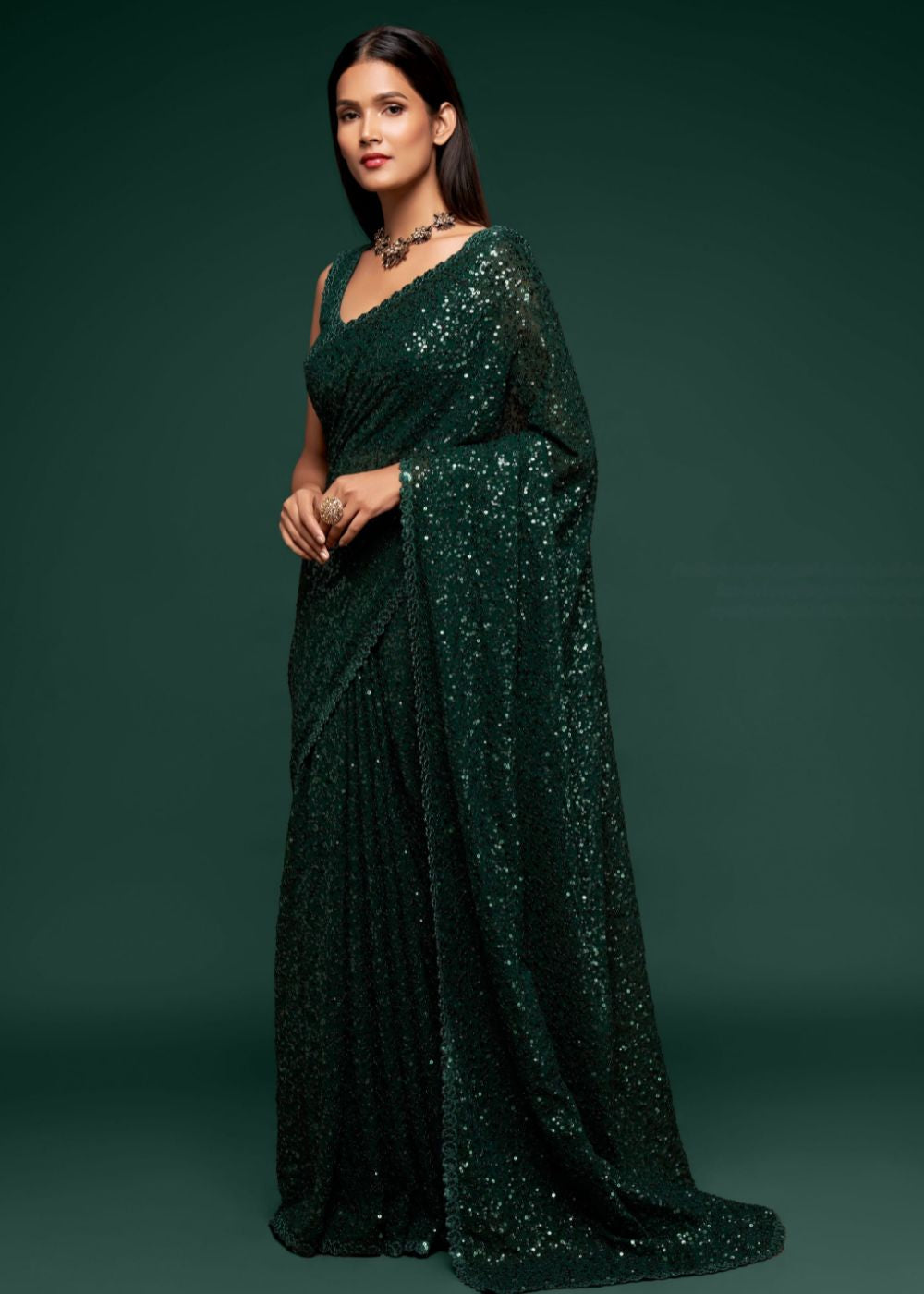 Deep Green Designer Sequin Saree
