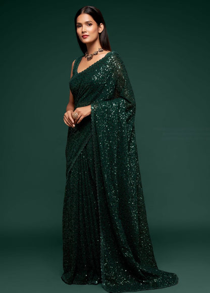 Deep Green Designer Sequin Saree