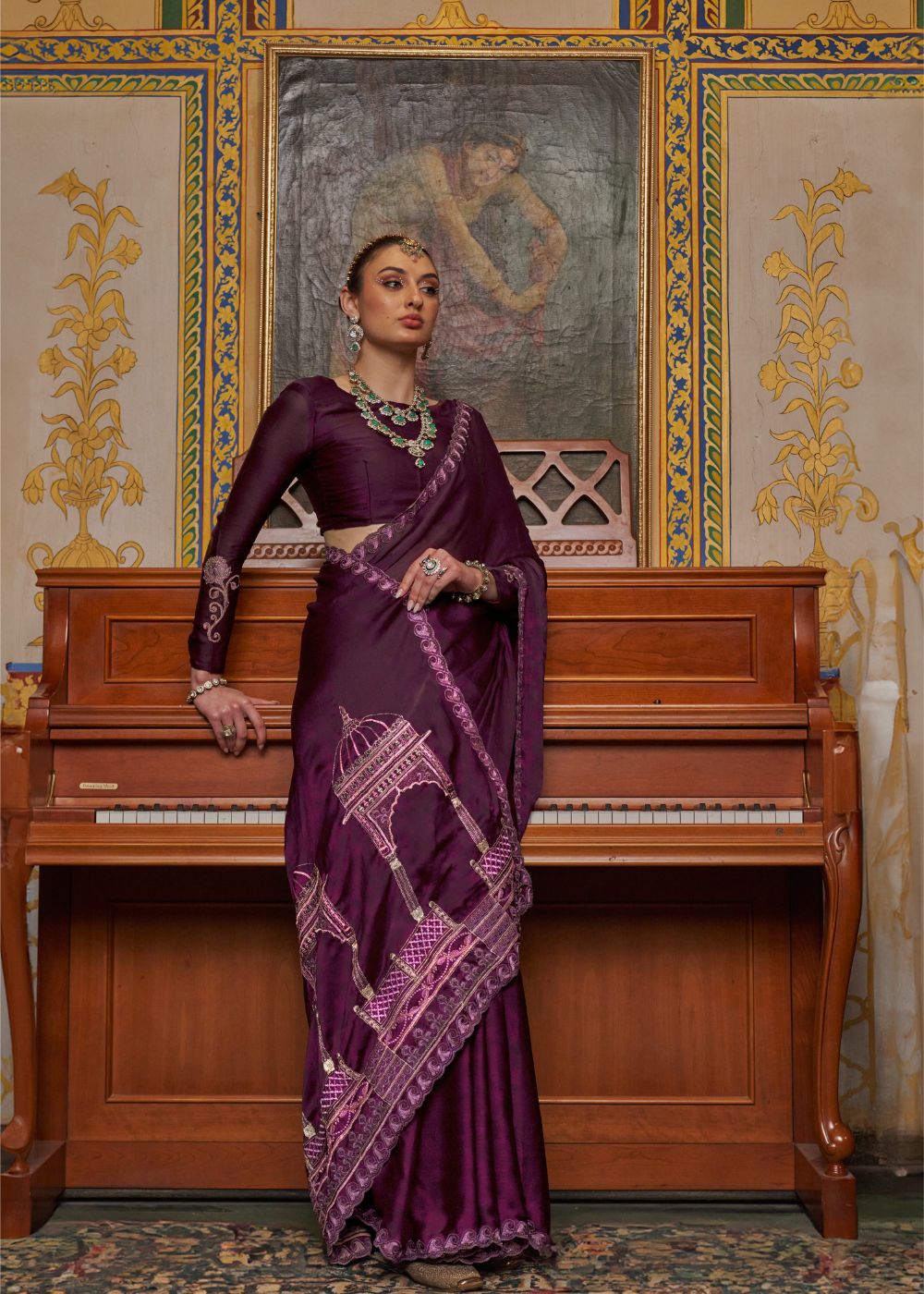 Royal Wine Embroidery Work Saree