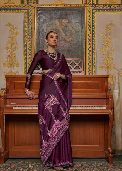 Royal Wine Embroidery Work Saree