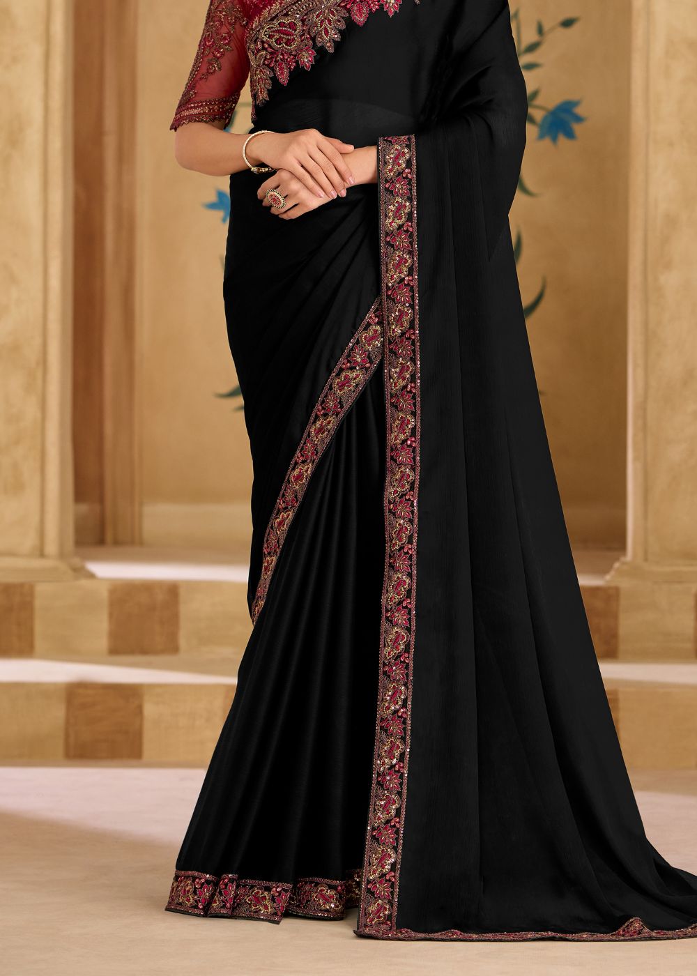 Pure Black Satin Chiffon Saree with Banglori Work Blouse