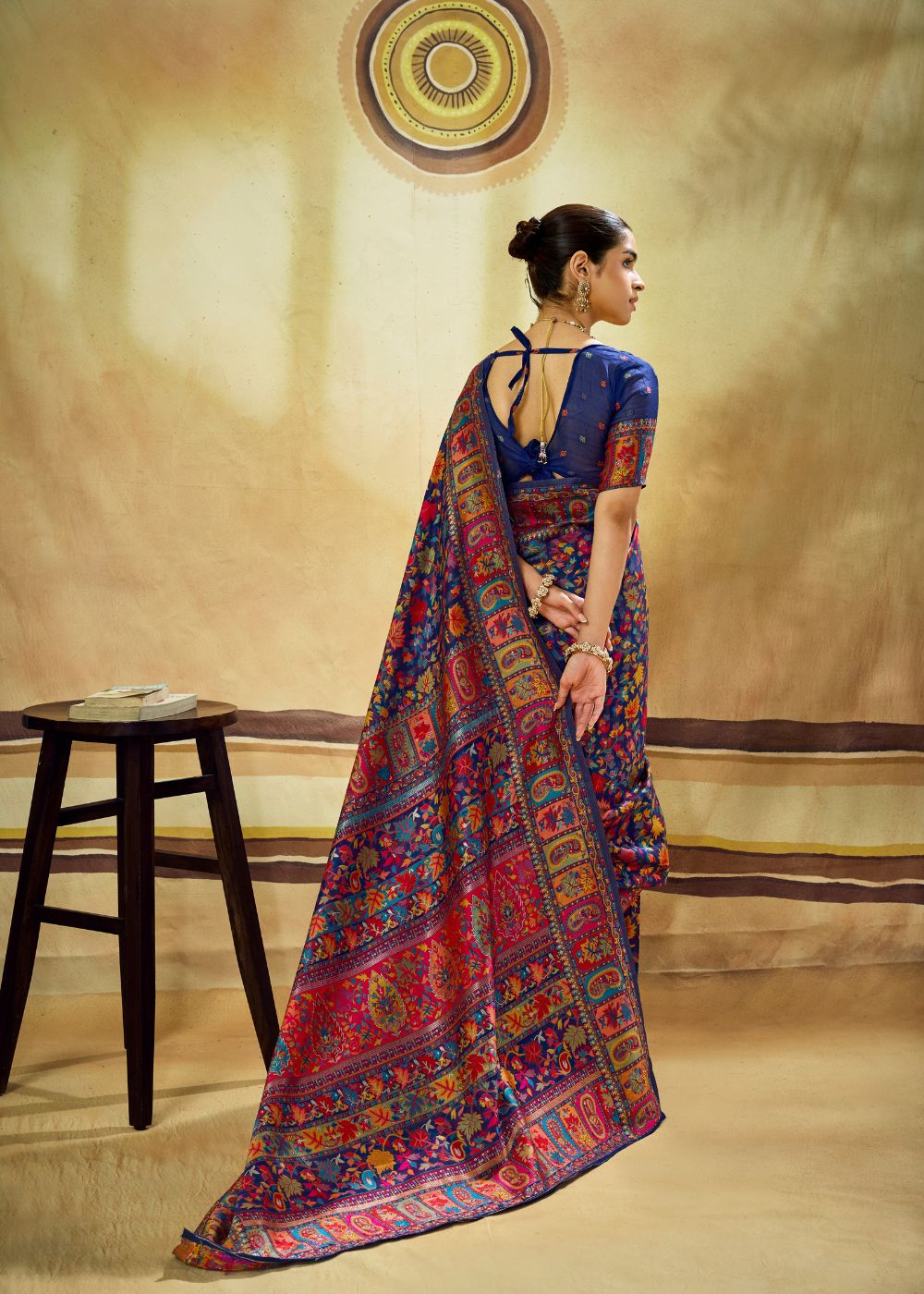 Royal Blue Multicolor Pure Kashmiri Modal Cotton Pashmina Weaving Saree