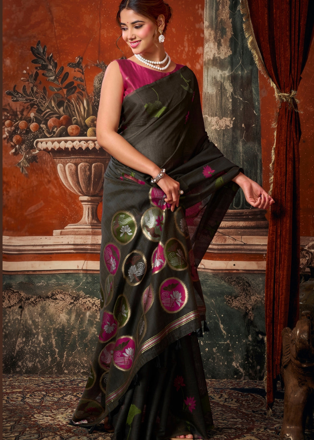 Charcoal Blossom Khadi Cotton Saree