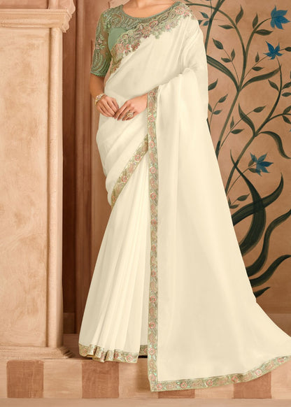 Powder White Silk Georgette Saree with Banglori Work Blouse