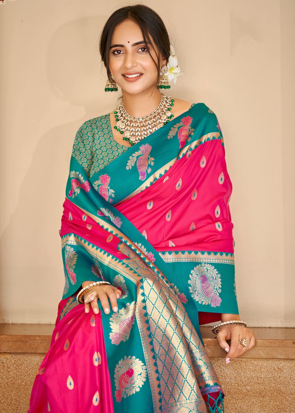 Pink & Teal Silk Zari Saree