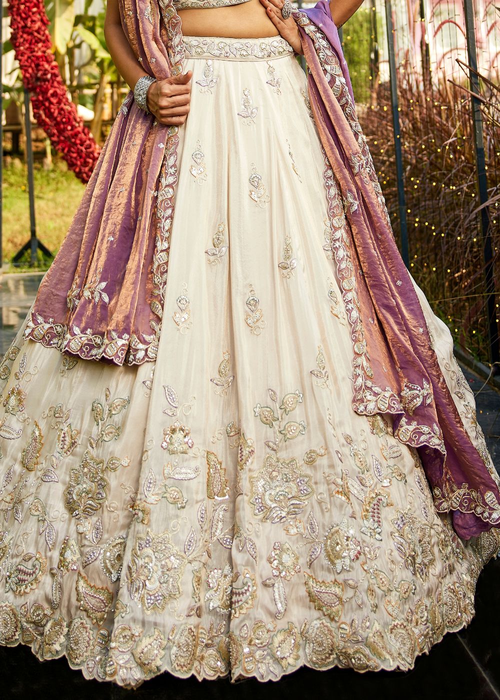 Ivory Tissue Lehenga with Royal Purple Dupatta