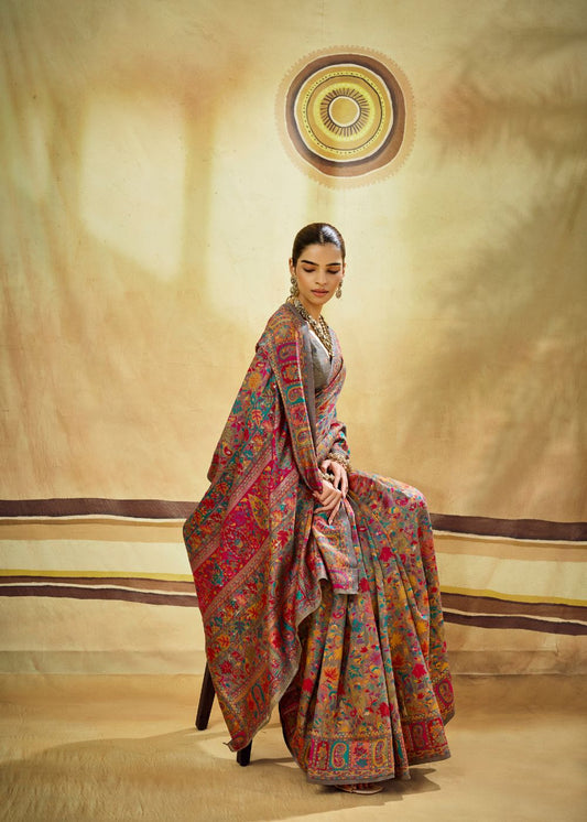 Grey Multicolor Pure Kashmiri Modal Cotton Pashmina Weaving Saree