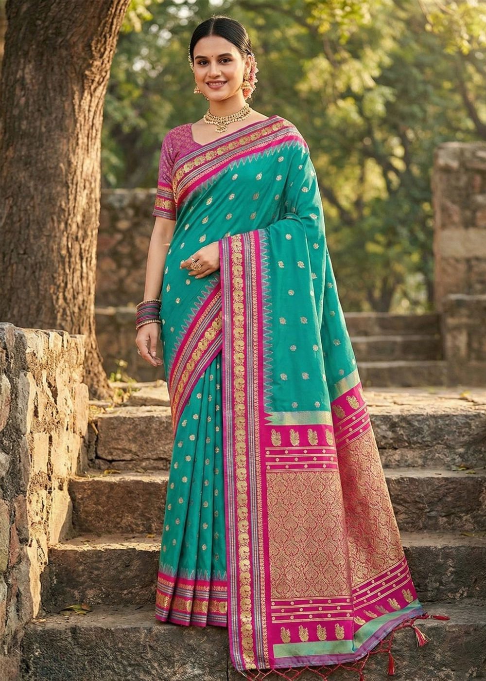 Teal Green & Pink Kanchivaram Soft Silk Saree