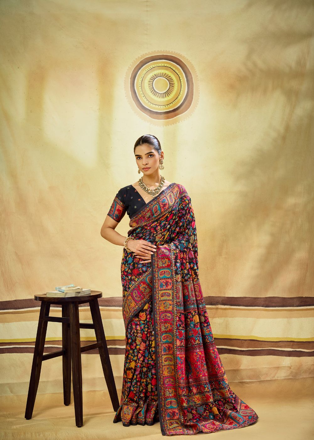 Black Multicolor Pure Kashmiri Modal Cotton Pashmina Weaving Saree
