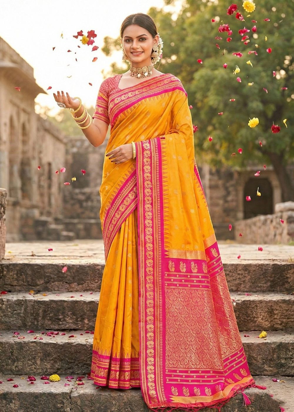 Mustard Yellow & Pink Kanchivaram Soft Silk Saree