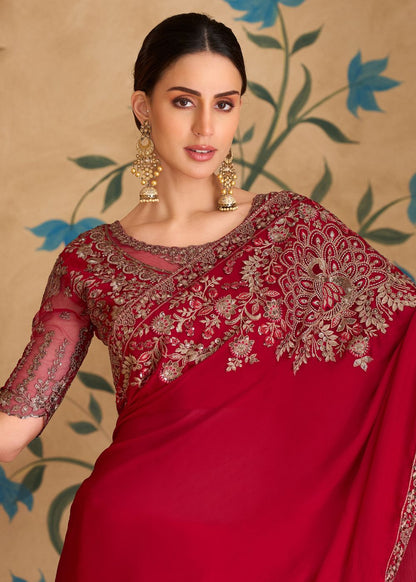 Sparkle Red Georgette Saree with Banglori Work Blouse