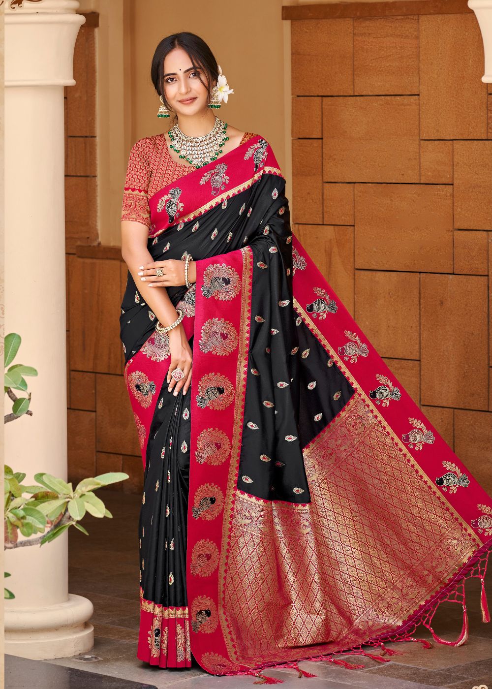 Black & Red Silk Zari Saree