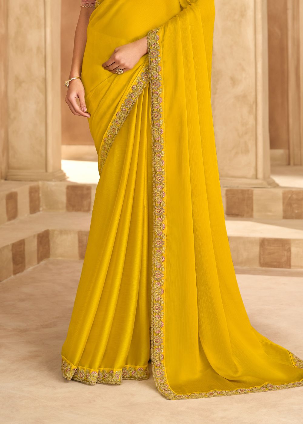 Gold Satin Chiffon Saree with Banglori Work Blouse
