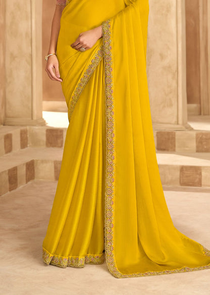 Gold Satin Chiffon Saree with Banglori Work Blouse