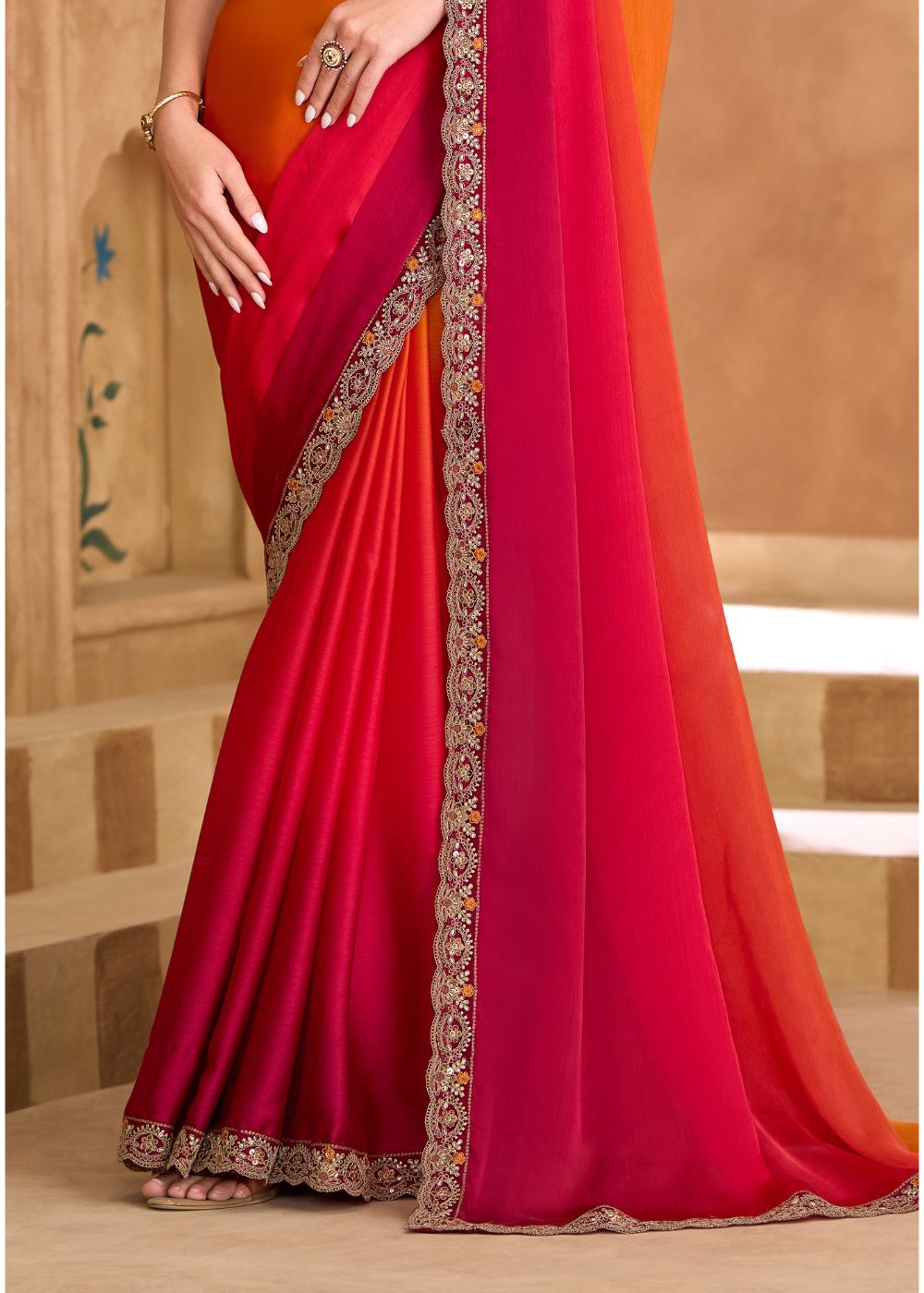 Orange Sparkle Shaded Chiffon Saree with Banglori Work Blou