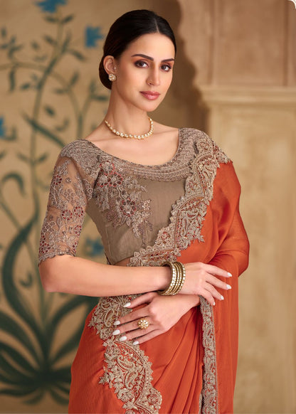 Saffron Satin Chiffon Saree with Banglori Work Blouse