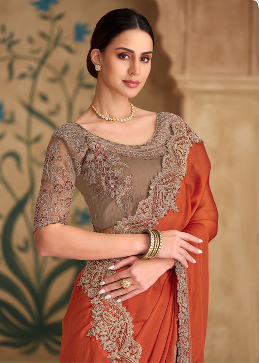 Saffron Satin Chiffon Saree with Banglori Work Blouse