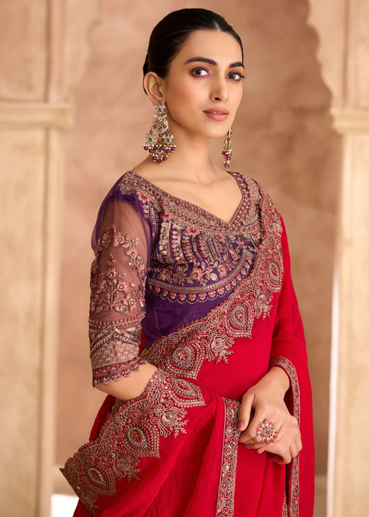 Cherry Red Satin Georgette Saree with Banglori Work Blouse