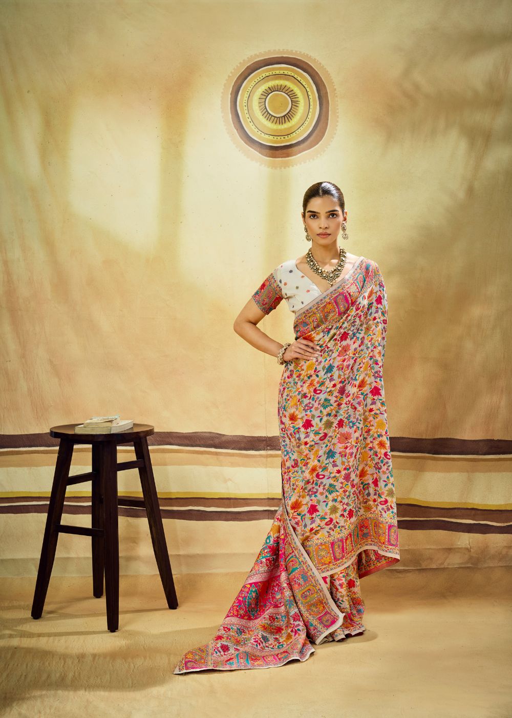 Off White Multicolor Pure Kashmiri Modal Cotton Pashmina Weaving Saree