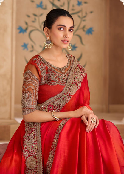 Majestic Shaded Satin Chiffon Saree with Banglori Work Blouse