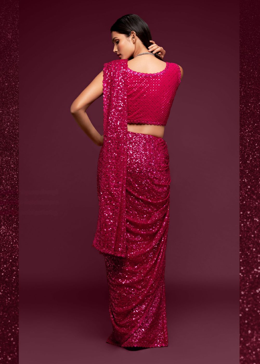 Hot Pink Sequin Party Wear Saree
