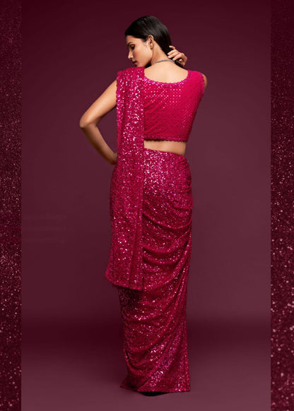 Hot Pink Sequin Party Wear Saree