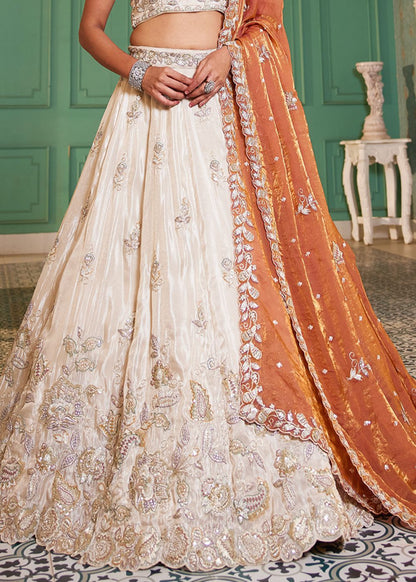 Ivory Tissue Lehenga with Rust Orange Dupatta