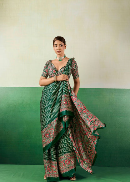 Emerald Ajrakh Satin Saree