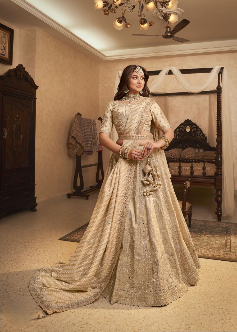 Beige Gold Banarasi Silk Lehenga