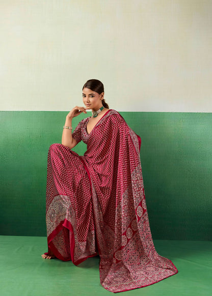 Ruby Pink Ajrakh Saree
