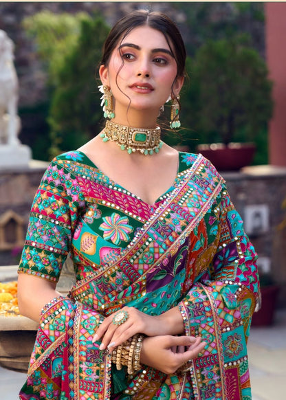 Emerald Heritage Mirror Work Saree