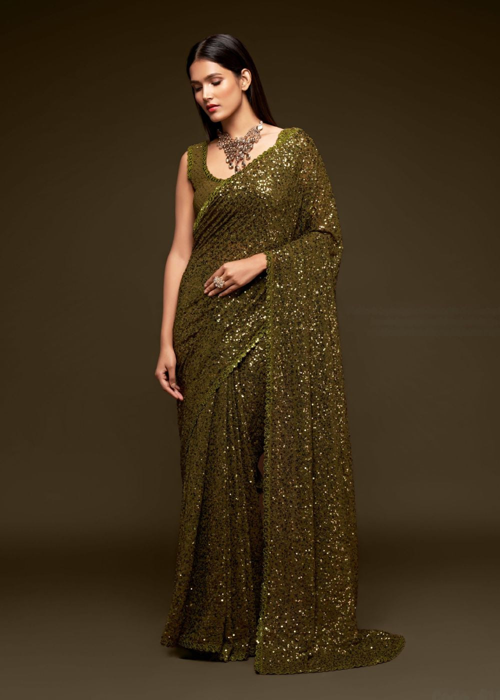 Olive Green Sequin Designer Saree