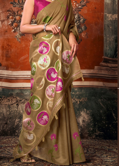 Earth Brown Khadi Cotton Designer Saree
